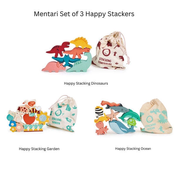 Bundle of 3 Mentari Happy Stackers – durable wooden garden, sea, and dinosaur themed stacker toys perfect for early play.